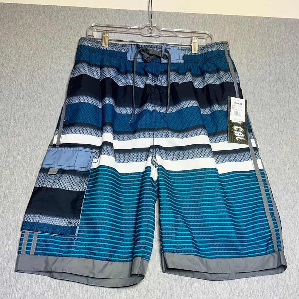 Tru Cal Mens Board Shorts Aqua Blue Striped Swim Trunks Cargo Pocket Size L NWT